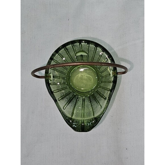 Vintage Green Ribbed Glass “Wash Bucket” Basket Metal Handle Mid-Century Decor - Picture 9 of 10
